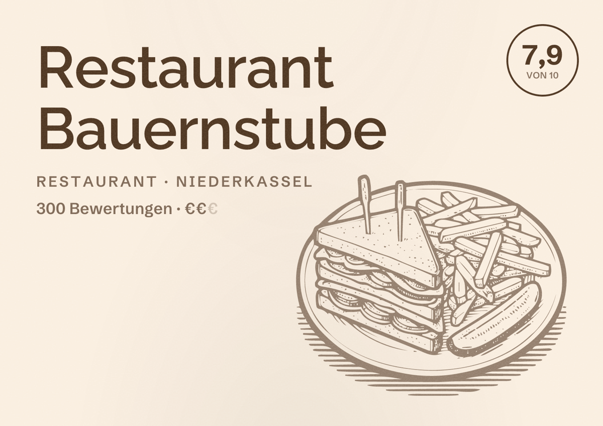 Illustriertes Poster von Restaurant Bauernstube, Restaurant in Niederkassel: Bewertung 7,9 von 10 aus 300 Bewertungen, Preisniveau €€