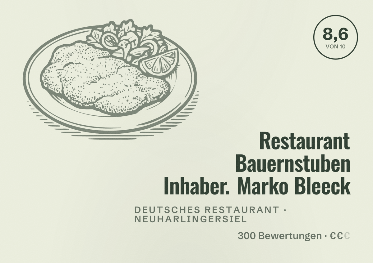 Illustriertes Poster von Restaurant Bauernstuben Inhaber. Marko Bleeck, Deutsches Restaurant in Neuharlingersiel: Bewertung 8,6 von 10 aus 300 Bewertungen, Preisniveau €€