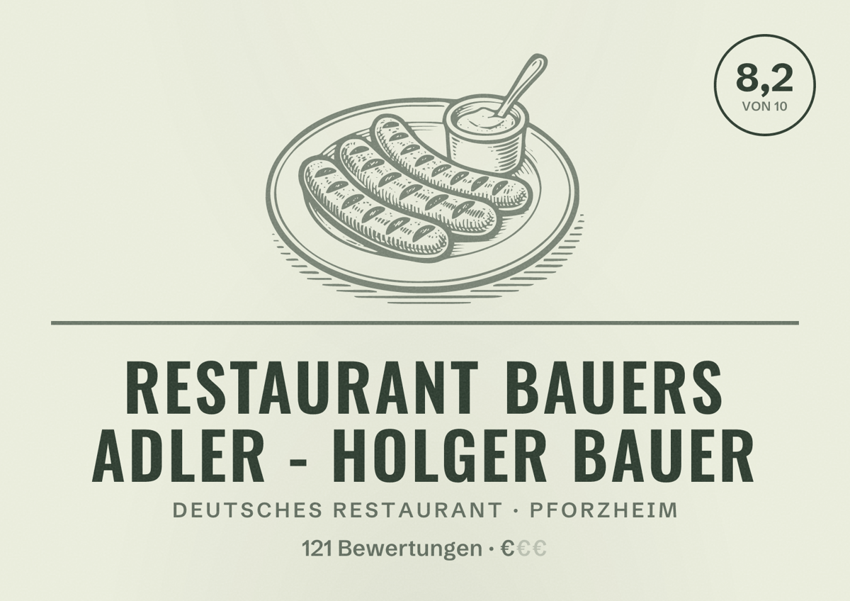 Illustriertes Poster von Restaurant Bauers Adler - Holger Bauer, Deutsches Restaurant in Pforzheim: Bewertung 8,2 von 10 aus 121 Bewertungen, Preisniveau €