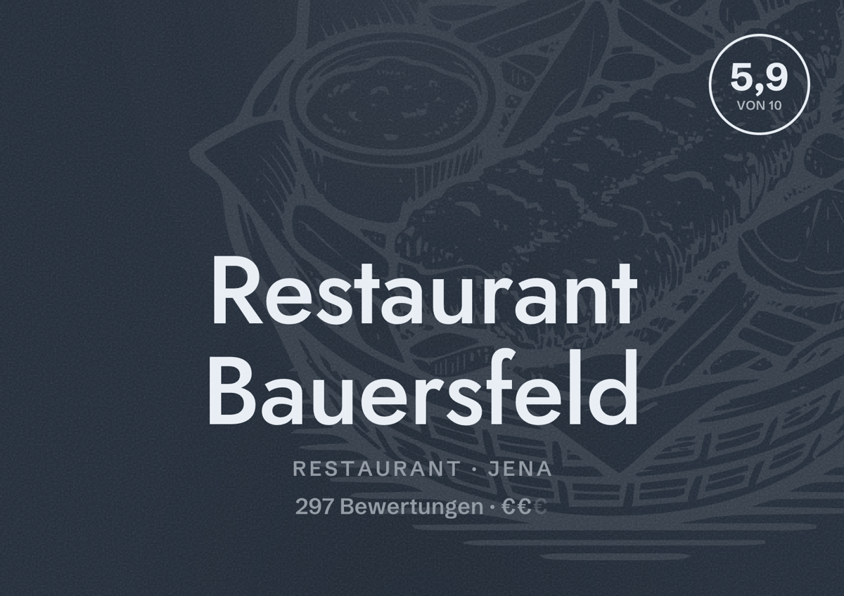Illustriertes Poster von Restaurant Bauersfeld, Restaurant in Jena: Bewertung 5,9 von 10 aus 297 Bewertungen, Preisniveau €€