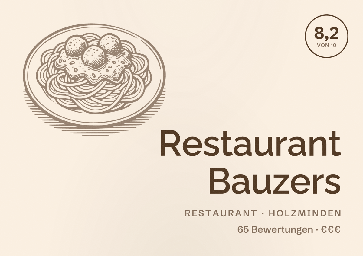 Illustriertes Poster von Restaurant Bauzers, Restaurant in Holzminden: Bewertung 8,2 von 10 aus 65 Bewertungen, Preisniveau €€€