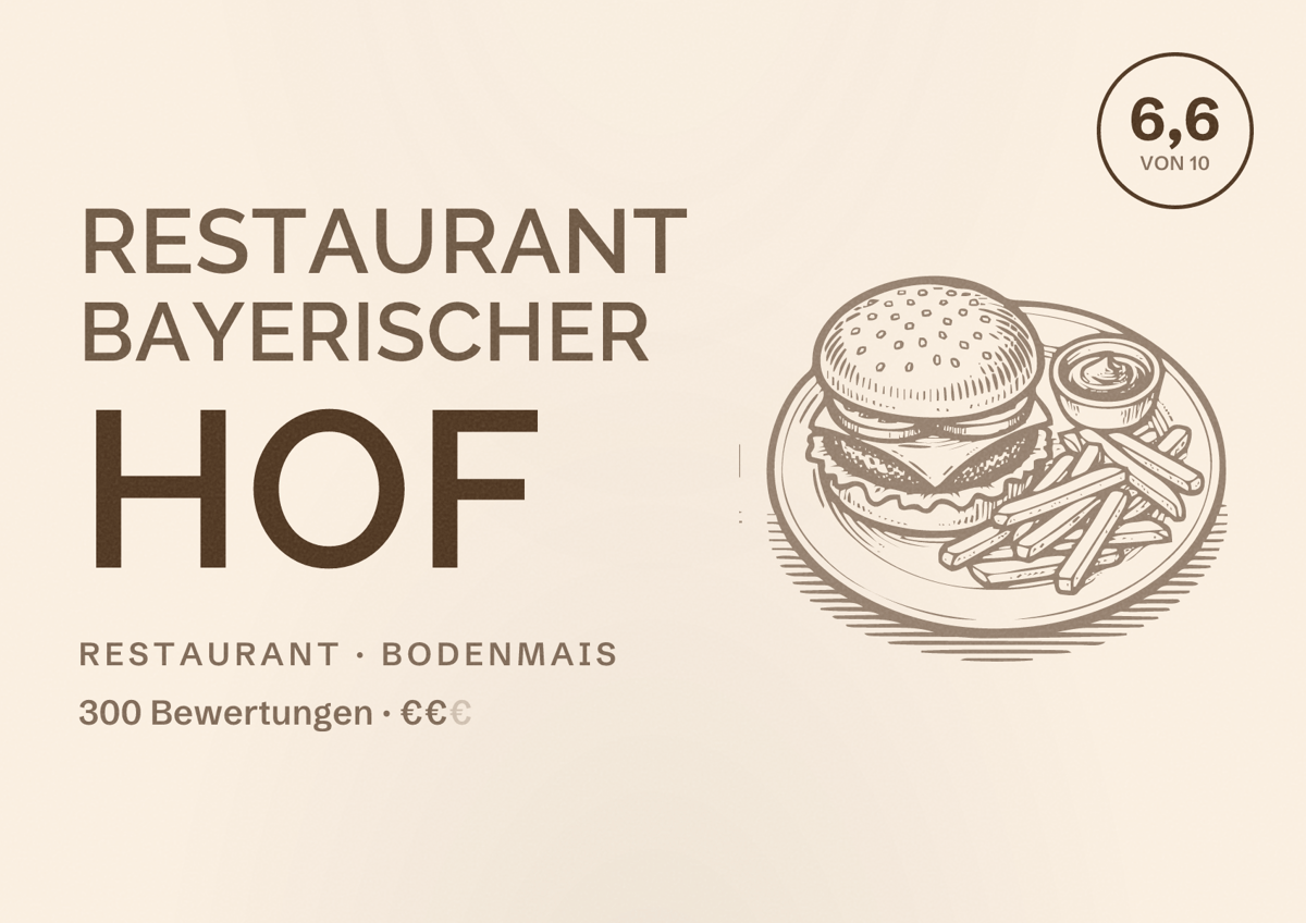 Illustriertes Poster von Restaurant Bayerischer Hof, Restaurant in Bodenmais: Bewertung 6,6 von 10 aus 300 Bewertungen, Preisniveau €€