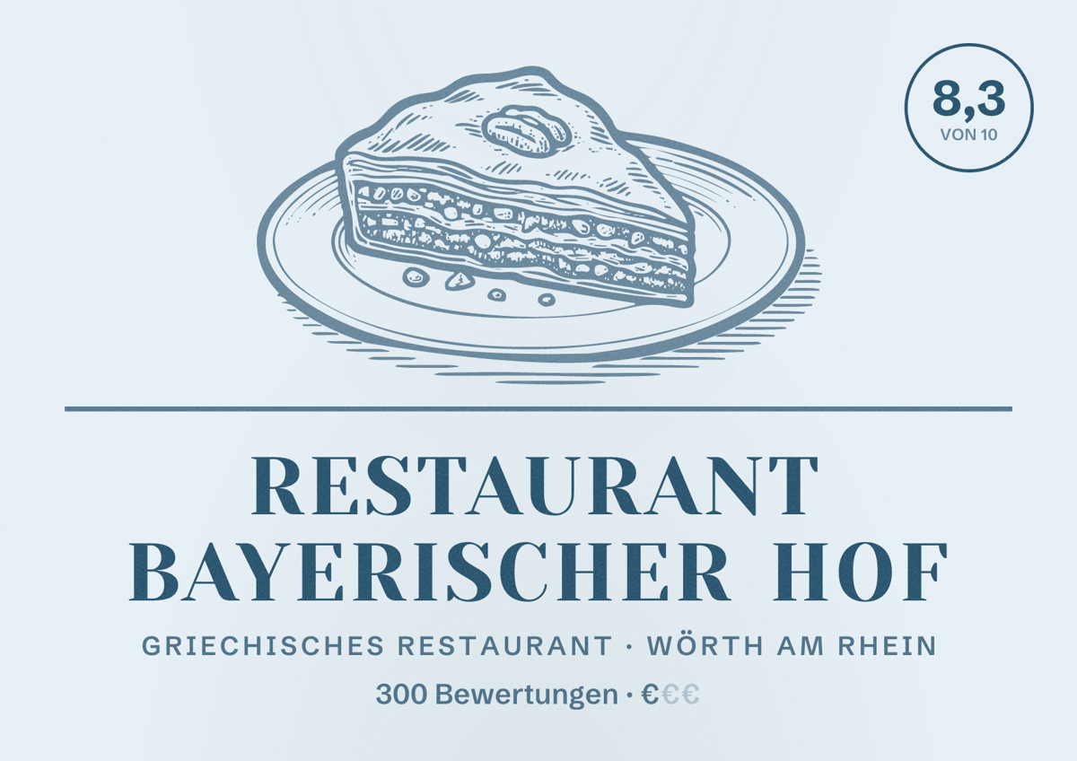 Illustriertes Poster von Restaurant Bayerischer Hof, Griechisches Restaurant in Wörth am Rhein: Bewertung 8,3 von 10 aus 300 Bewertungen, Preisniveau €