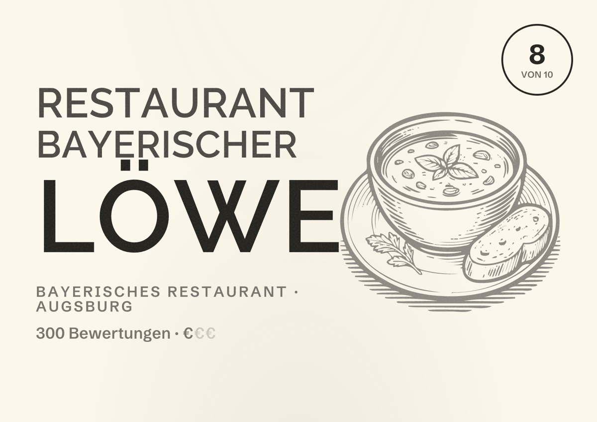 Illustriertes Poster von Restaurant Bayerischer Löwe, Bayerisches Restaurant in Augsburg: Bewertung 8,0 von 10 aus 300 Bewertungen, Preisniveau €
