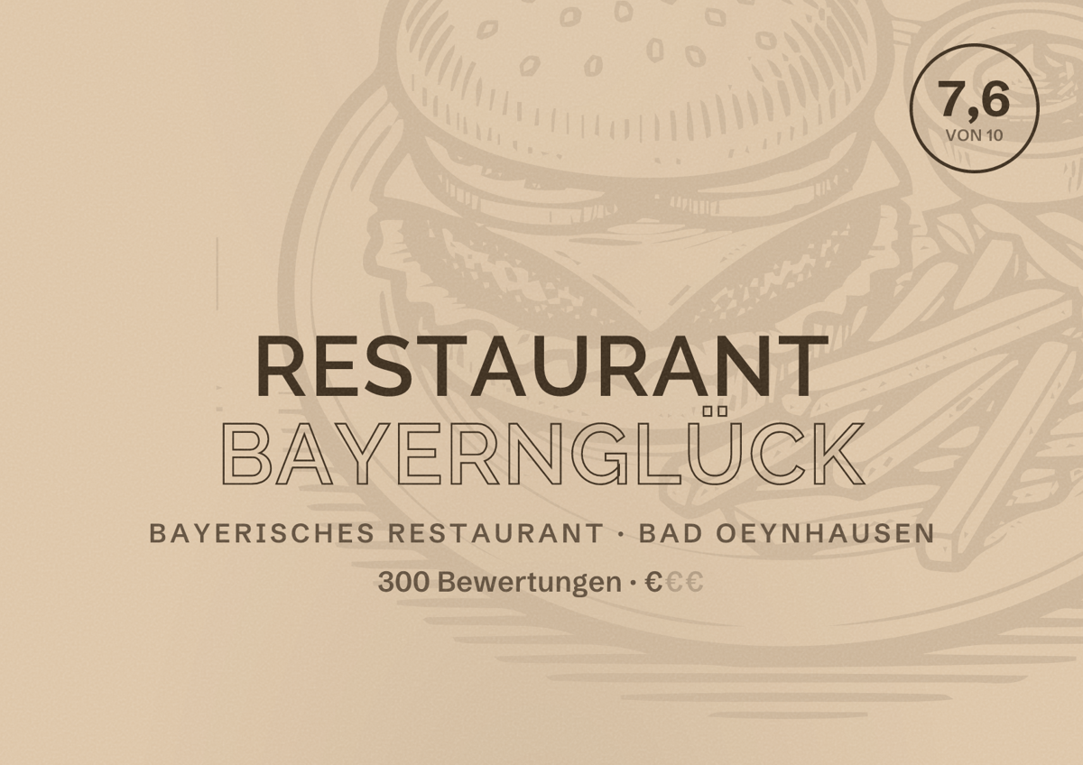 Illustriertes Poster von Restaurant Bayernglück, Bayerisches Restaurant in Bad Oeynhausen: Bewertung 7,6 von 10 aus 300 Bewertungen, Preisniveau €