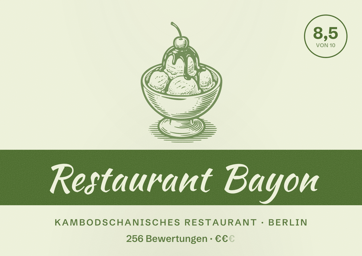 Illustriertes Poster von Restaurant Bayon, Kambodschanisches Restaurant in Berlin: Bewertung 8,5 von 10 aus 256 Bewertungen, Preisniveau €€