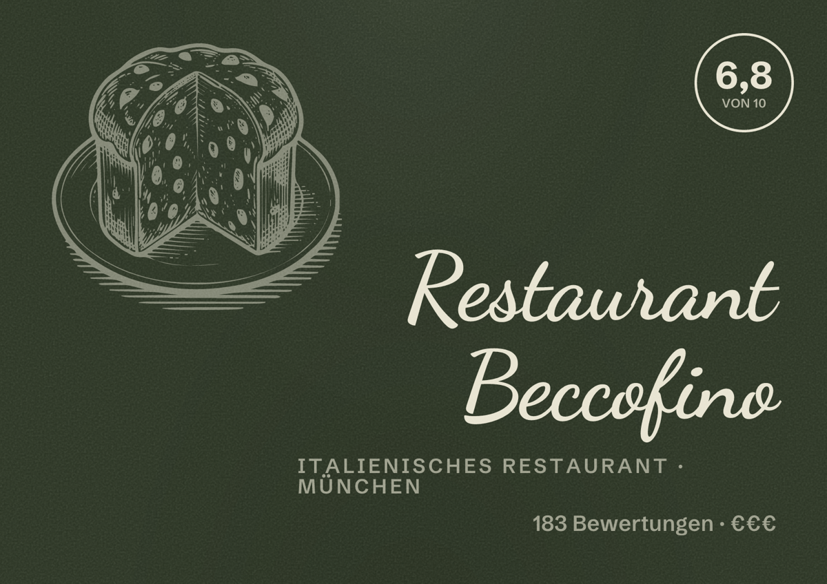 Illustriertes Poster von Restaurant Beccofino, Italienisches Restaurant in München: Bewertung 6,8 von 10 aus 183 Bewertungen, Preisniveau €€€