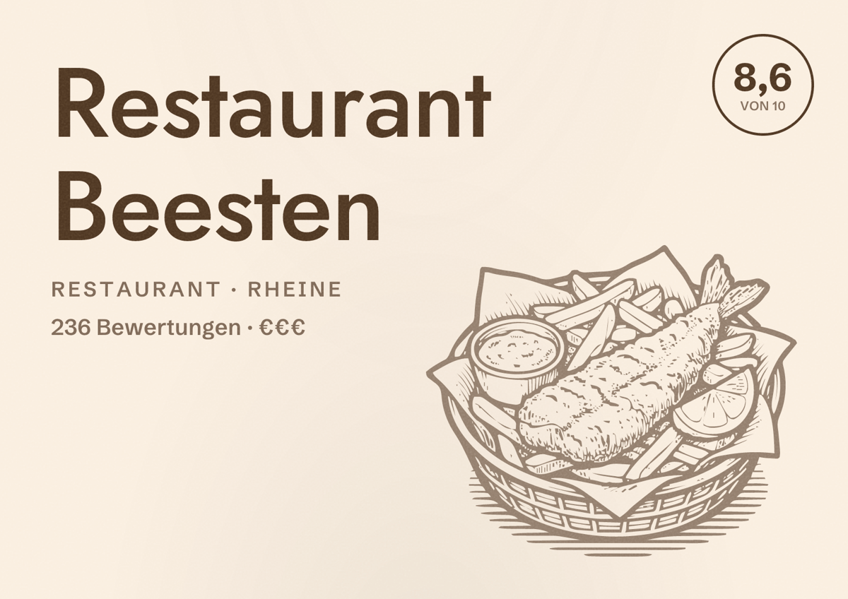 Illustriertes Poster von Restaurant Beesten, Restaurant in Rheine: Bewertung 8,6 von 10 aus 236 Bewertungen, Preisniveau €€€