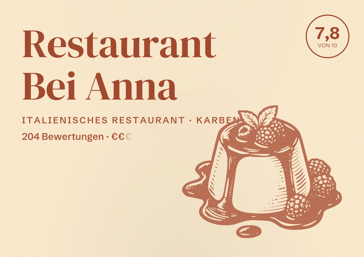 Illustriertes Poster von Restaurant Bei Anna, Italienisches Restaurant in Karben: Bewertung 7,8 von 10 aus 204 Bewertungen, Preisniveau €€