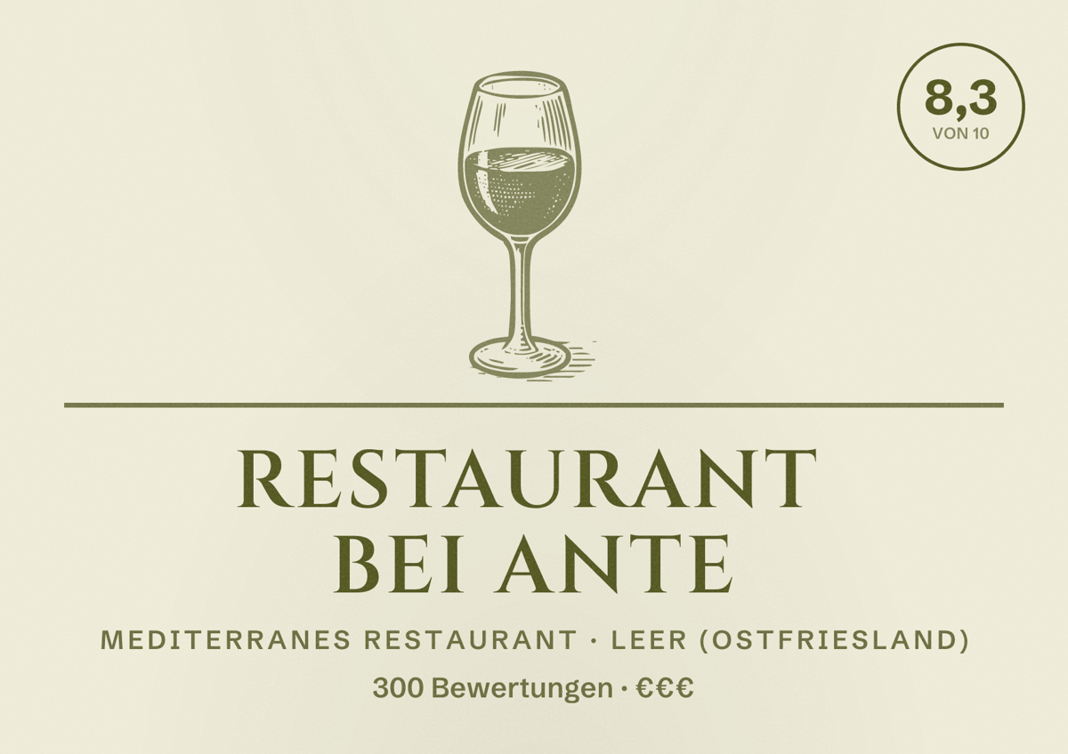 Illustriertes Poster von Restaurant bei Ante, Mediterranes Restaurant in Leer (Ostfriesland): Bewertung 8,3 von 10 aus 300 Bewertungen, Preisniveau €€€