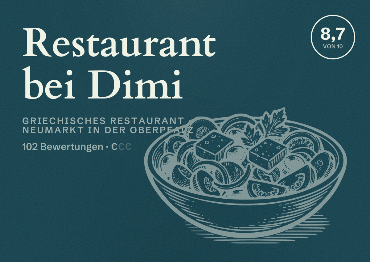 Illustriertes Poster von Restaurant bei Dimi, Griechisches Restaurant in Neumarkt in der Oberpfalz: Bewertung 8,7 von 10 aus 102 Bewertungen, Preisniveau €
