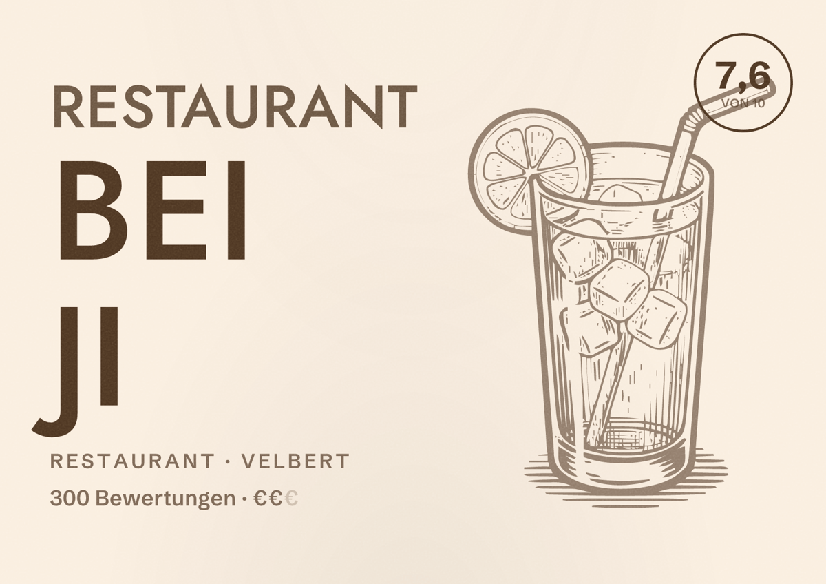 Illustriertes Poster von Restaurant bei Ji, Restaurant in Velbert: Bewertung 7,6 von 10 aus 300 Bewertungen, Preisniveau €€