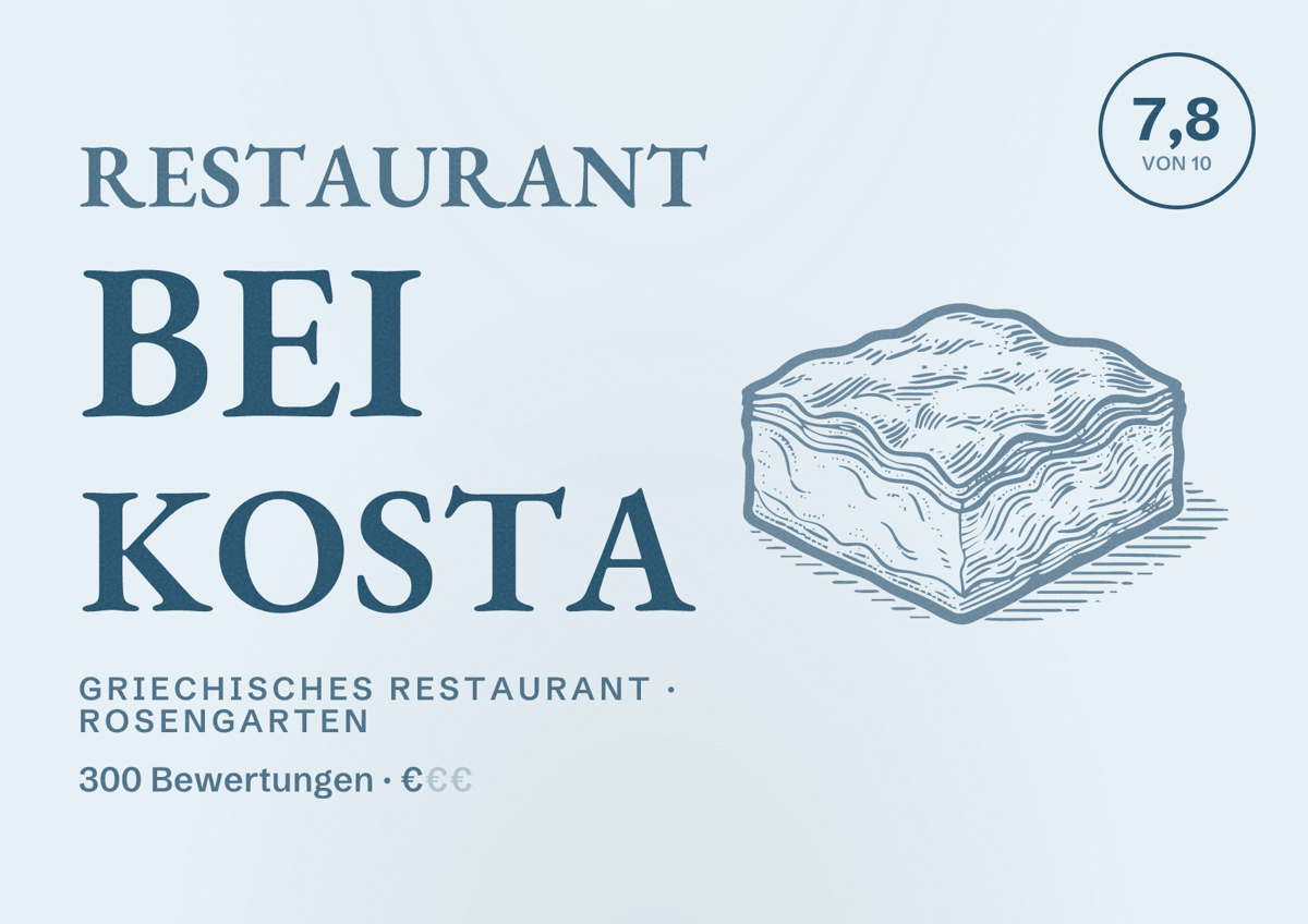 Illustriertes Poster von Restaurant Bei Kosta, Griechisches Restaurant in Rosengarten: Bewertung 7,8 von 10 aus 300 Bewertungen, Preisniveau €