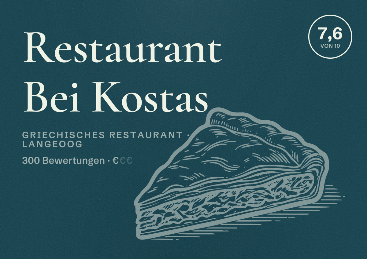 Illustriertes Poster von Restaurant Bei Kostas, Griechisches Restaurant in Langeoog: Bewertung 7,6 von 10 aus 300 Bewertungen, Preisniveau €