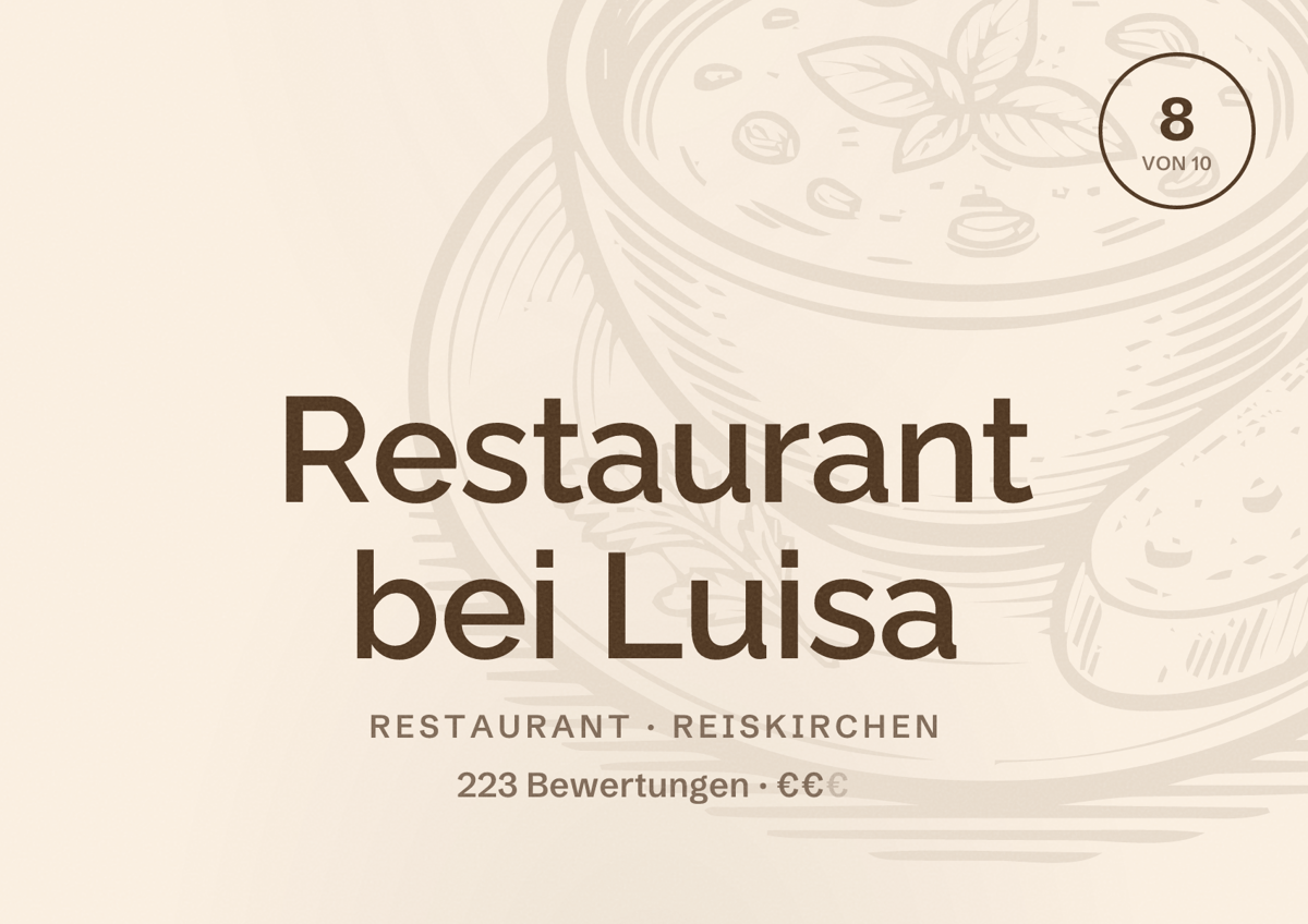 Illustriertes Poster von Restaurant bei Luisa, Restaurant in Reiskirchen: Bewertung 8 von 10 aus 223 Bewertungen, Preisniveau €€