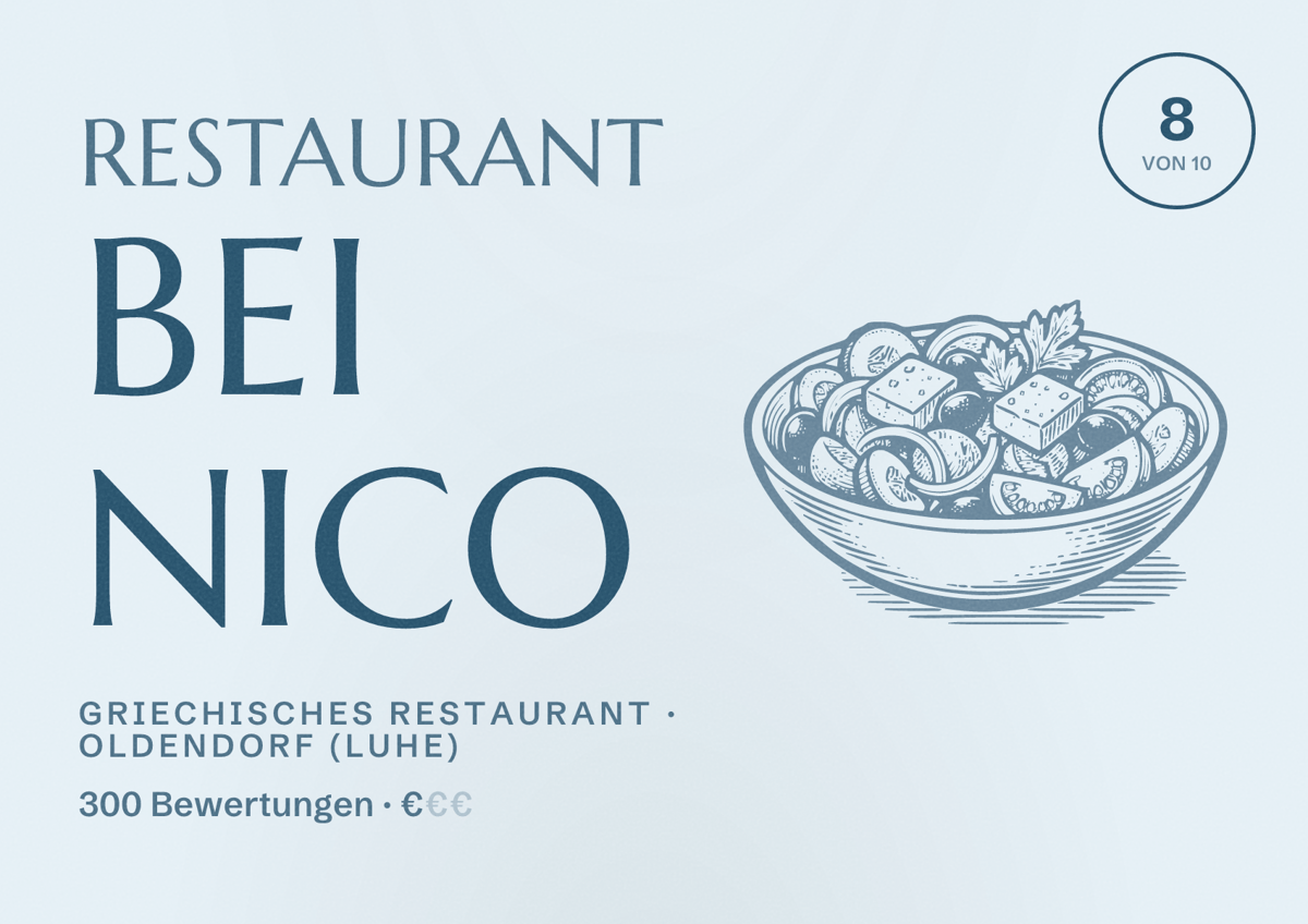 Illustriertes Poster von Restaurant Bei Nico, Griechisches Restaurant in Oldendorf (Luhe): Bewertung 8 von 10 aus 300 Bewertungen, Preisniveau €