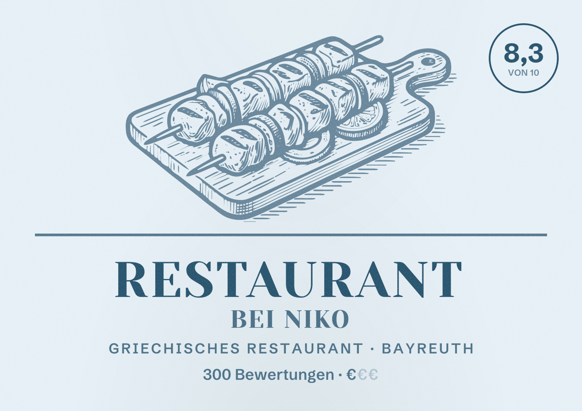 Illustriertes Poster von Restaurant Bei Niko, Griechisches Restaurant in Bayreuth: Bewertung 8,3 von 10 aus 300 Bewertungen, Preisniveau €