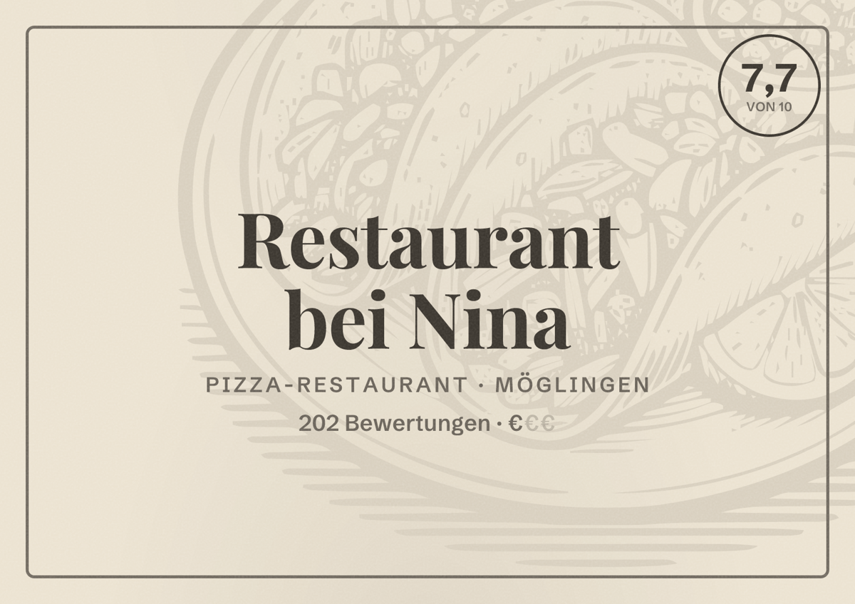 Illustriertes Poster von Restaurant bei Nina, Pizza-Restaurant in Möglingen: Bewertung 7,7 von 10 aus 202 Bewertungen, Preisniveau €