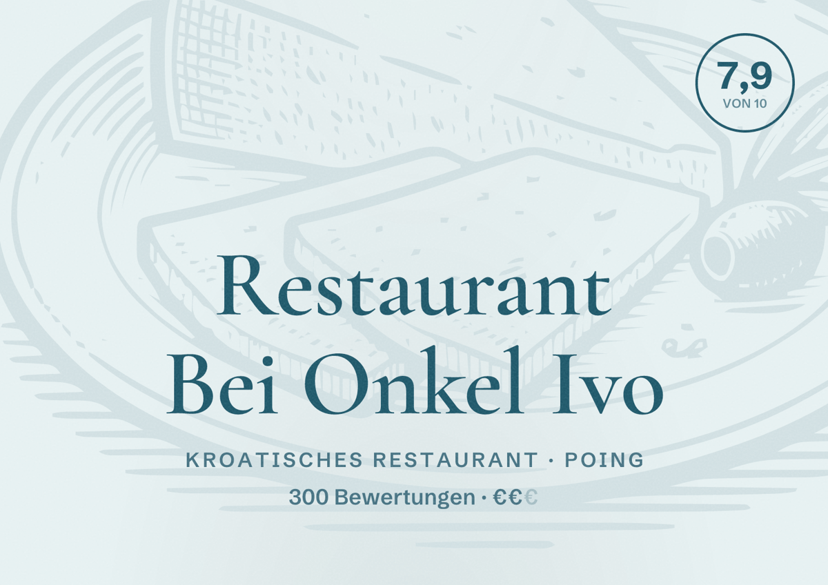 Illustriertes Poster von Restaurant Bei Onkel Ivo, Kroatisches Restaurant in Poing: Bewertung 7,9 von 10 aus 300 Bewertungen, Preisniveau €€