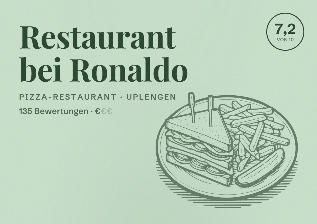 Illustriertes Poster von Restaurant bei Ronaldo, Pizza-Restaurant in Uplengen: Bewertung 7,2 von 10 aus 135 Bewertungen, Preisniveau €