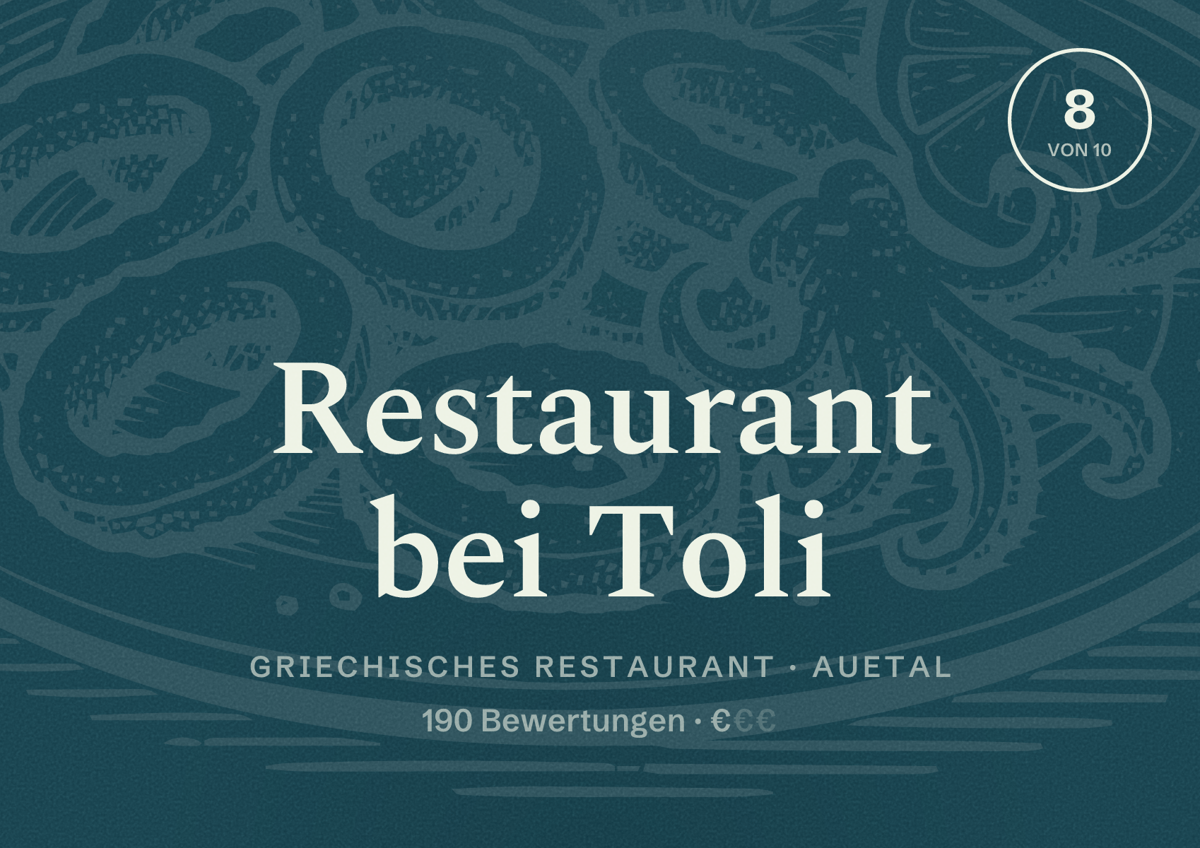 Illustriertes Poster von Restaurant bei Toli, Griechisches Restaurant in Auetal: Bewertung 8 von 10 aus 190 Bewertungen, Preisniveau €