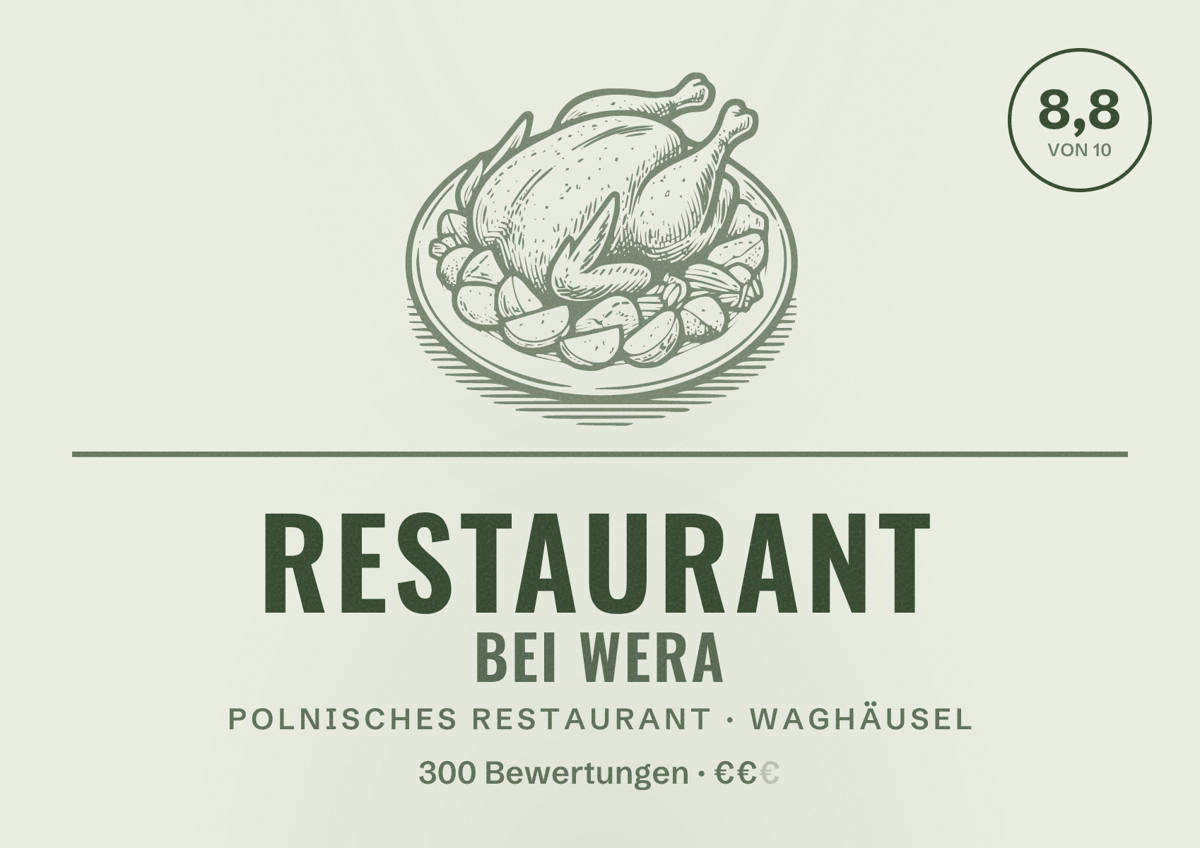 Illustriertes Poster von Restaurant bei Wera, Polnisches Restaurant in Waghäusel: Bewertung 8,8 von 10 aus 300 Bewertungen, Preisniveau €€