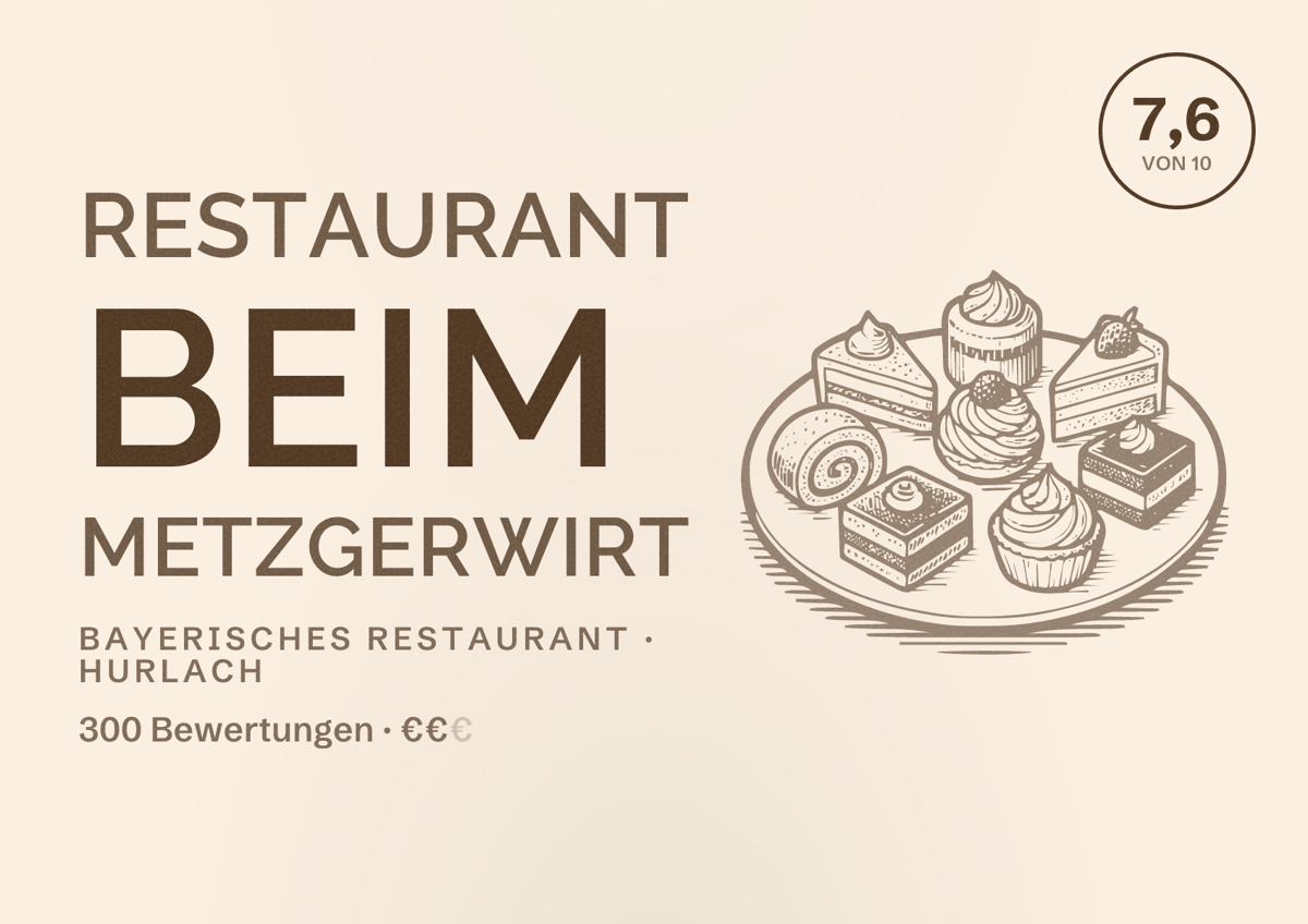 Illustriertes Poster von Restaurant Beim Metzgerwirt, Bayerisches Restaurant in Hurlach: Bewertung 7,6 von 10 aus 300 Bewertungen, Preisniveau €€