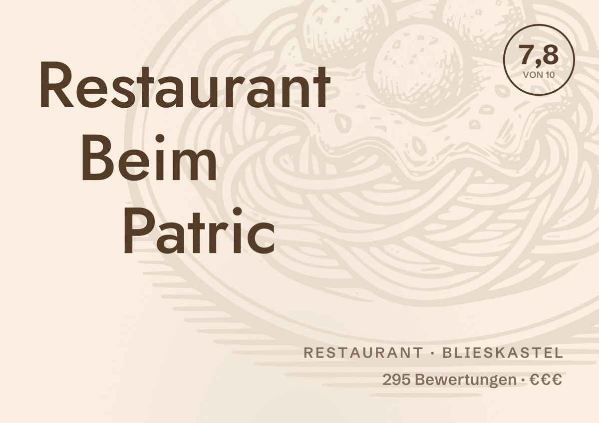 Illustriertes Poster von Restaurant Beim Patric, Restaurant in Blieskastel: Bewertung 7,8 von 10 aus 295 Bewertungen, Preisniveau €€€