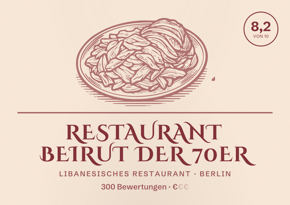 Illustriertes Poster von Restaurant Beirut der 70er, Libanesisches Restaurant in Berlin: Bewertung 8,2 von 10 aus 300 Bewertungen, Preisniveau €