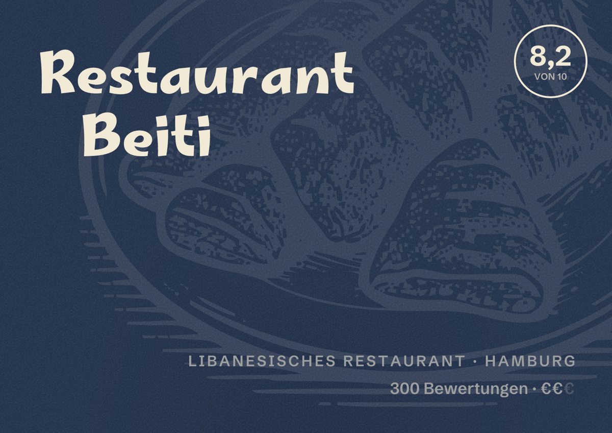 Illustriertes Poster von Restaurant Beiti, Libanesisches Restaurant in Hamburg: Bewertung 8,2 von 10 aus 300 Bewertungen, Preisniveau €€