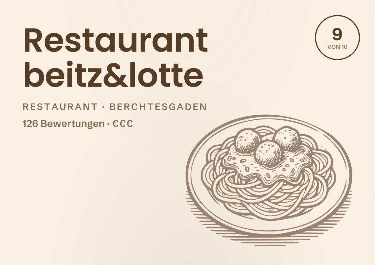 Illustriertes Poster von Restaurant beitz&lotte, Restaurant in Berchtesgaden: Bewertung 9 von 10 aus 126 Bewertungen, Preisniveau €€€