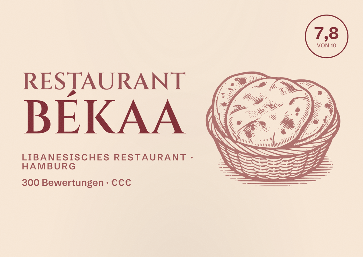Illustriertes Poster von Restaurant Békaa, Libanesisches Restaurant in Hamburg: Bewertung 7,8 von 10 aus 300 Bewertungen, Preisniveau €€€