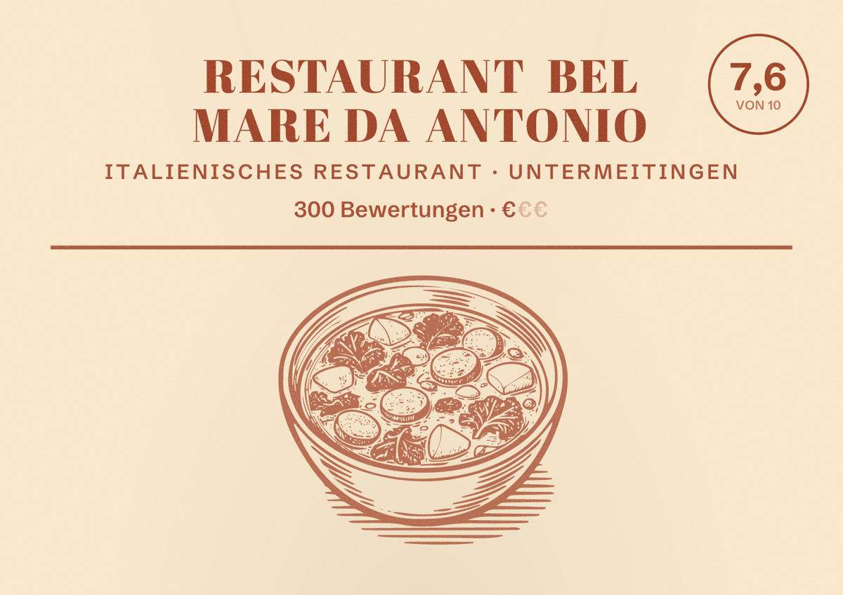 Illustriertes Poster von Restaurant Bel Mare da Antonio, Italienisches Restaurant in Untermeitingen: Bewertung 7,6 von 10 aus 300 Bewertungen, Preisniveau €
