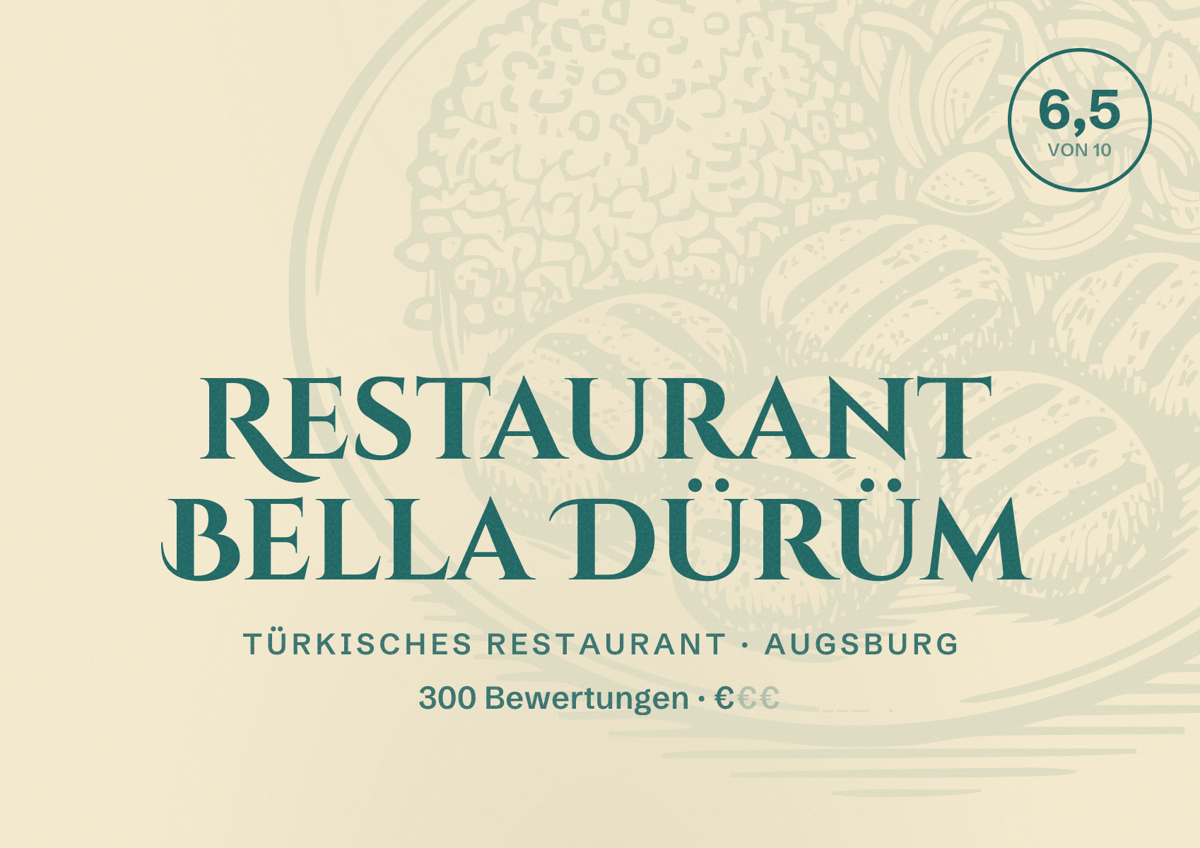 Illustriertes Poster von Restaurant Bella Dürüm, Türkisches Restaurant in Augsburg: Bewertung 6,5 von 10 aus 300 Bewertungen, Preisniveau €