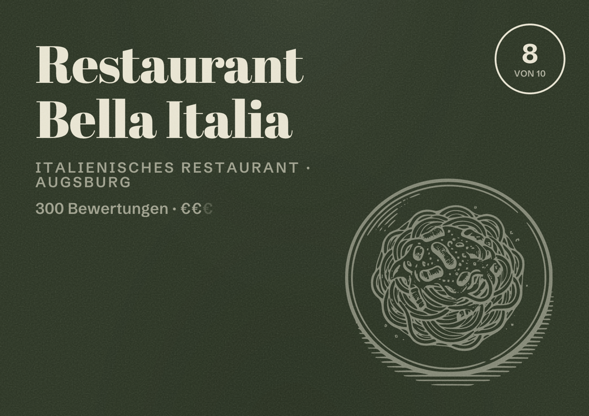 Illustriertes Poster von Restaurant Bella Italia, Italienisches Restaurant in Augsburg: Bewertung 8,0 von 10 aus 300 Bewertungen, Preisniveau €€