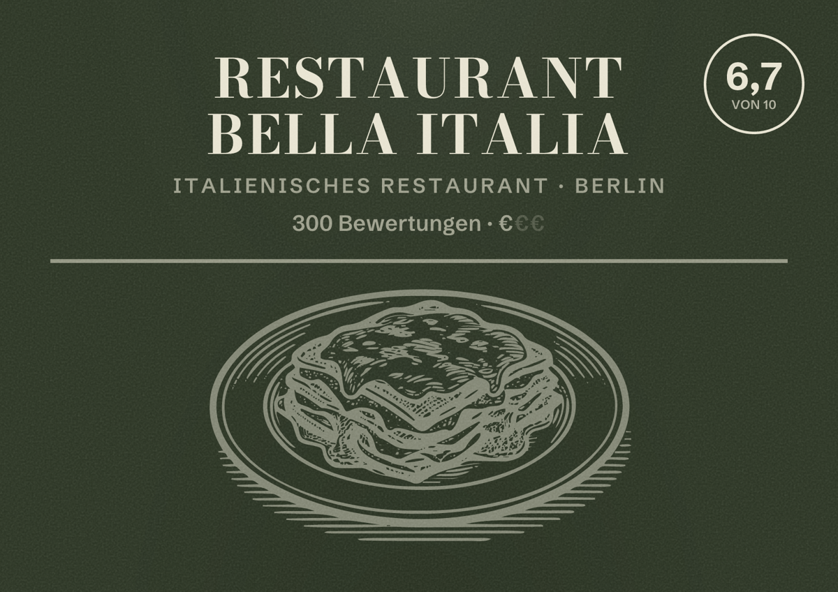 Illustriertes Poster von Restaurant Bella Italia, Italienisches Restaurant in Berlin: Bewertung 6,7 von 10 aus 300 Bewertungen, Preisniveau €