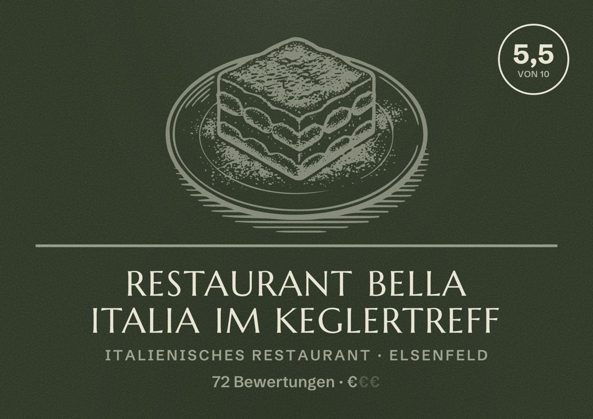 Illustriertes Poster von Restaurant Bella Italia im Keglertreff, Italienisches Restaurant in Elsenfeld: Bewertung 5,5 von 10 aus 72 Bewertungen, Preisniveau €