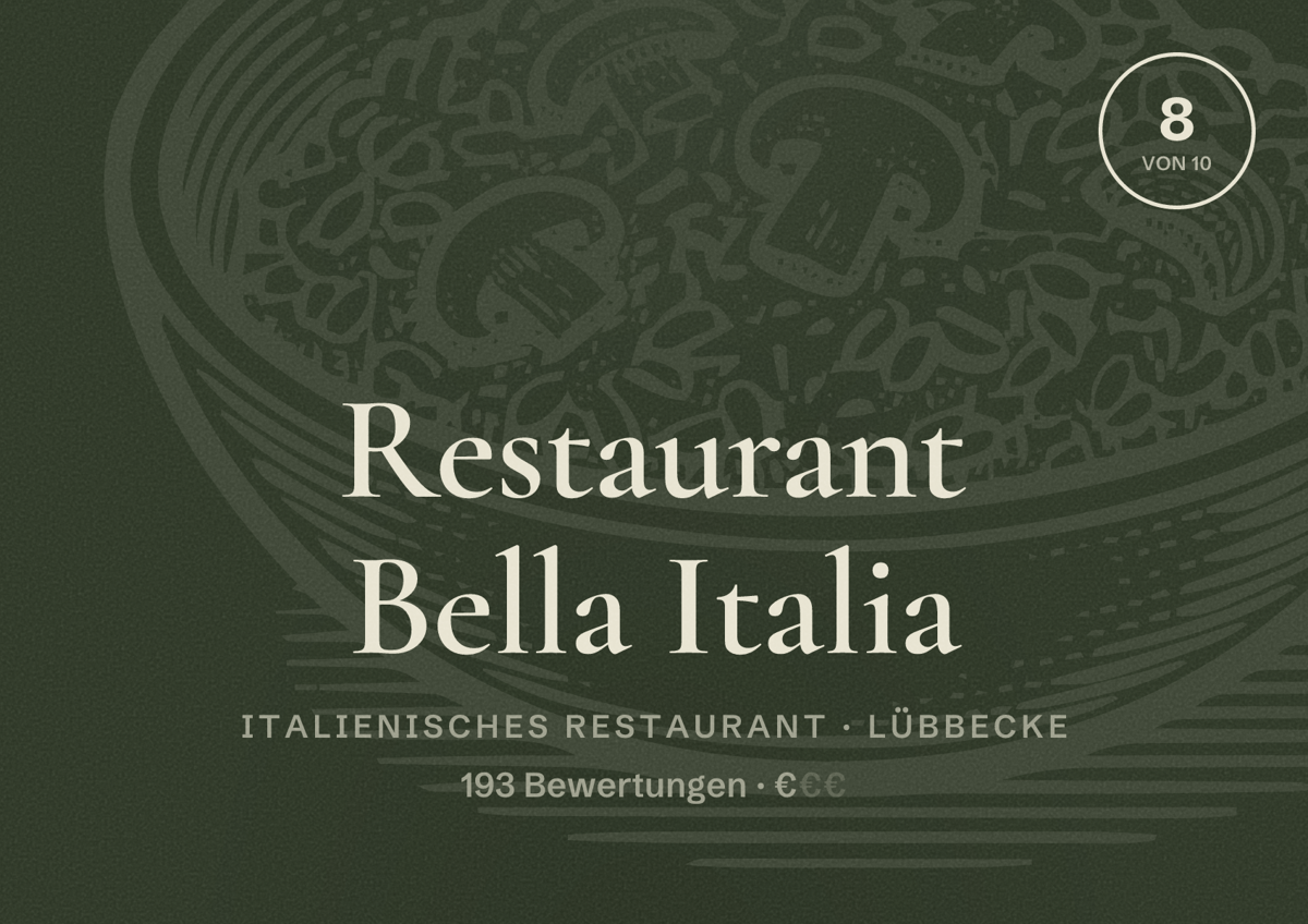 Illustriertes Poster von Restaurant Bella Italia, Italienisches Restaurant in Lübbecke: Bewertung 8 von 10 aus 193 Bewertungen, Preisniveau €