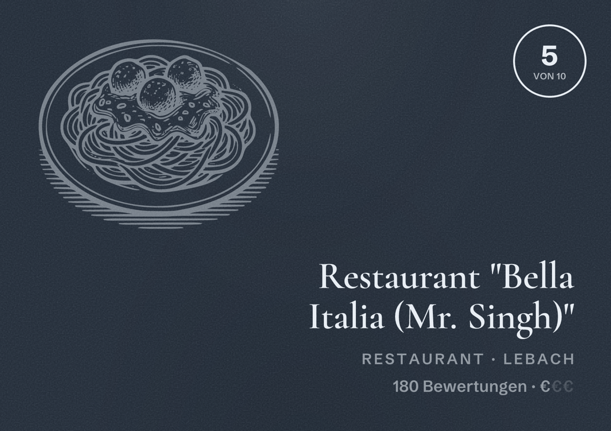 Illustriertes Poster von Restaurant "Bella Italia (Mr. Singh)", Restaurant in Lebach: Bewertung 5 von 10 aus 180 Bewertungen, Preisniveau €