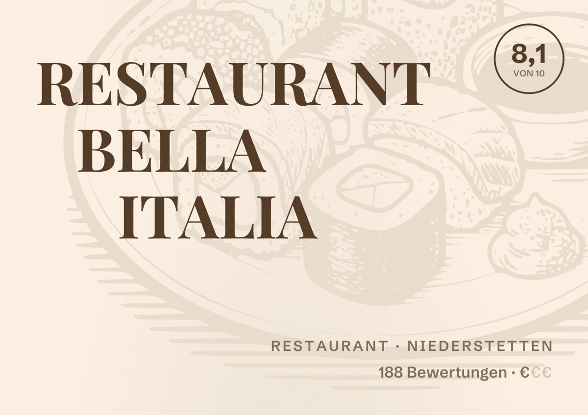 Illustriertes Poster von RESTAURANT BELLA ITALIA, Restaurant in Niederstetten: Bewertung 8,1 von 10 aus 188 Bewertungen, Preisniveau €