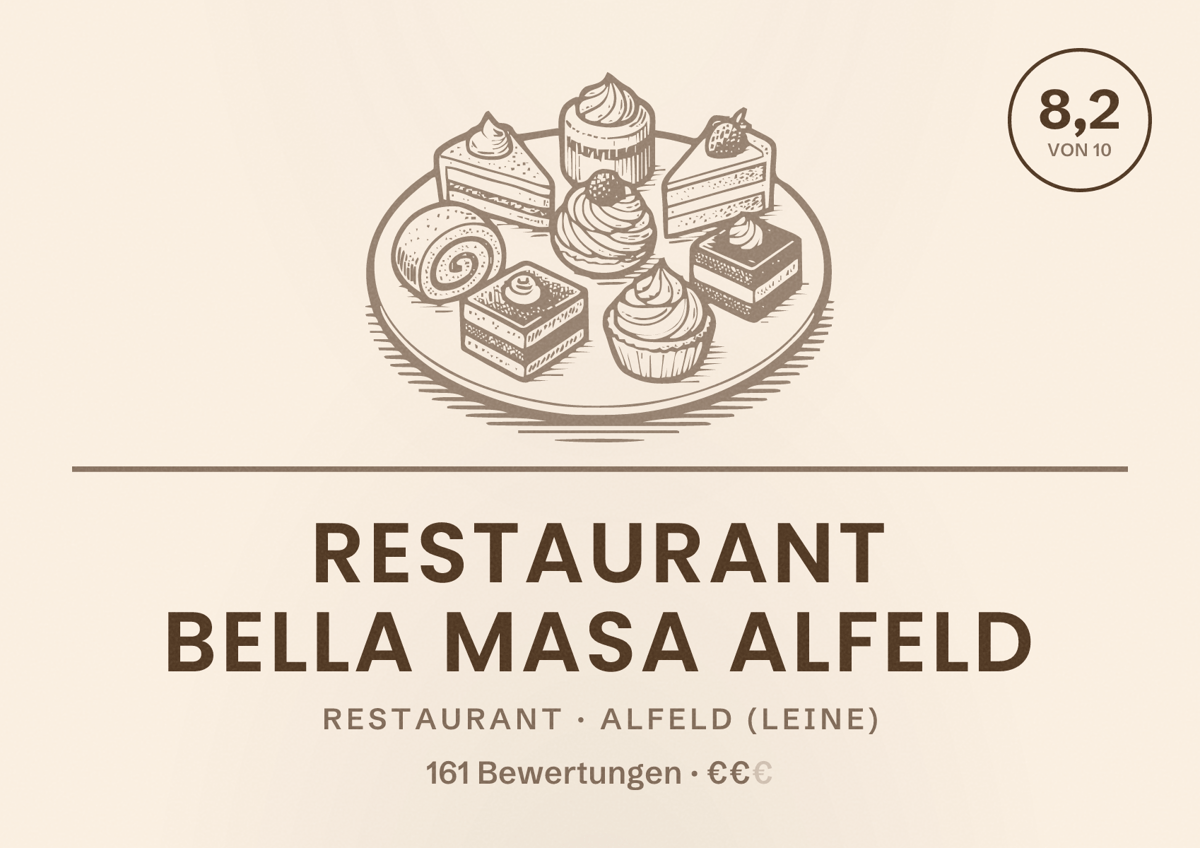 Illustriertes Poster von Restaurant Bella Masa Alfeld, Restaurant in Alfeld (Leine): Bewertung 8,2 von 10 aus 161 Bewertungen, Preisniveau €€