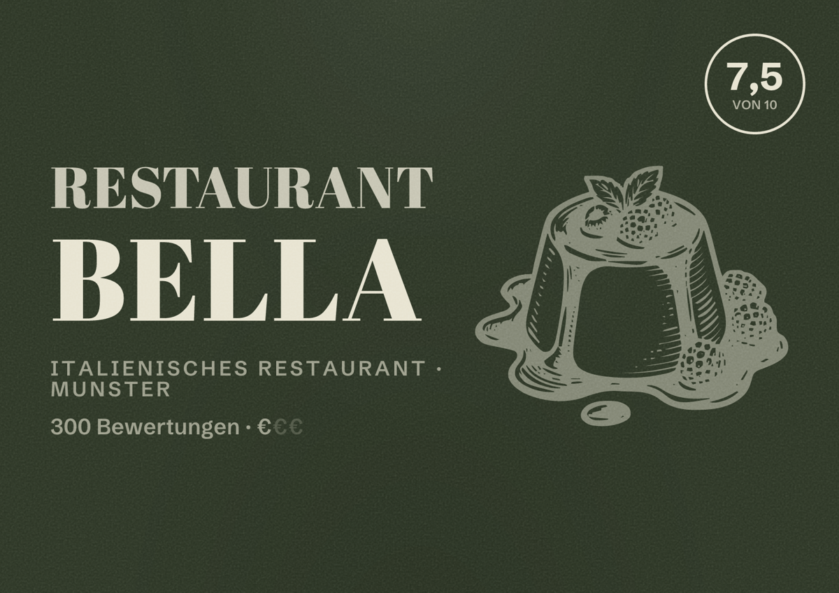 Illustriertes Poster von Restaurant Bella, Italienisches Restaurant in Munster: Bewertung 7,5 von 10 aus 300 Bewertungen, Preisniveau €