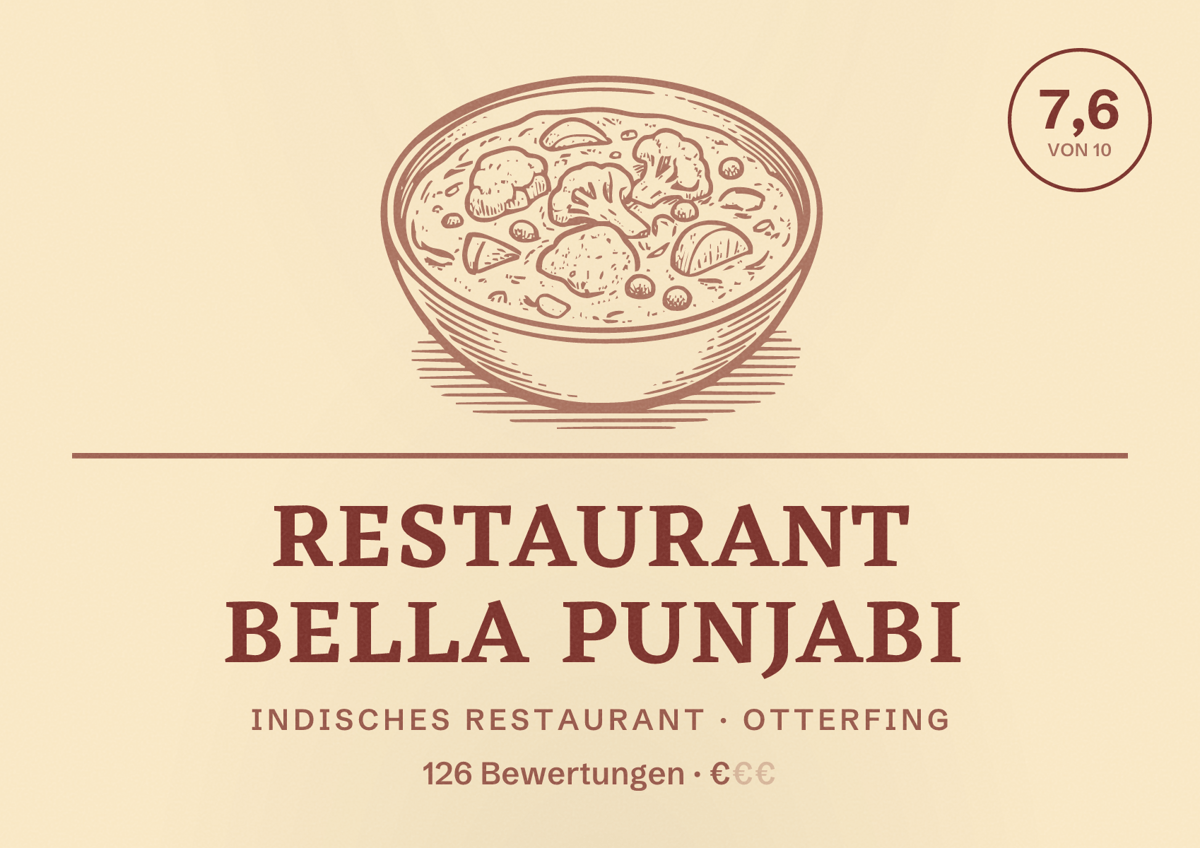 Illustriertes Poster von Restaurant Bella Punjabi, Indisches Restaurant in Otterfing: Bewertung 7,6 von 10 aus 126 Bewertungen, Preisniveau €