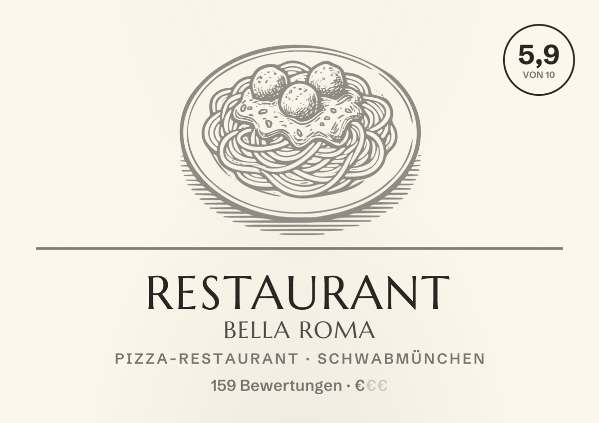 Illustriertes Poster von Restaurant Bella Roma, Pizza-Restaurant in Schwabmünchen: Bewertung 5,9 von 10 aus 159 Bewertungen, Preisniveau €
