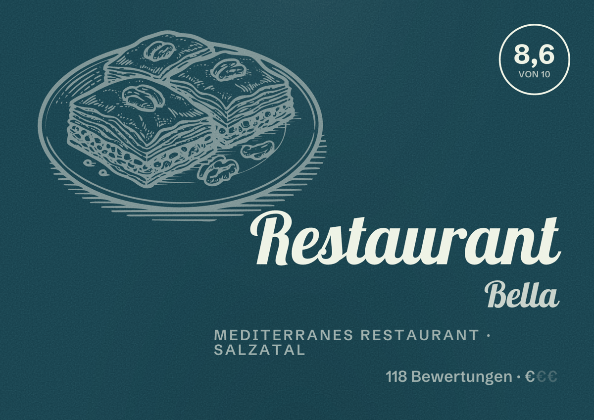 Illustriertes Poster von Restaurant Bella, Mediterranes Restaurant in Salzatal: Bewertung 8,6 von 10 aus 118 Bewertungen, Preisniveau €