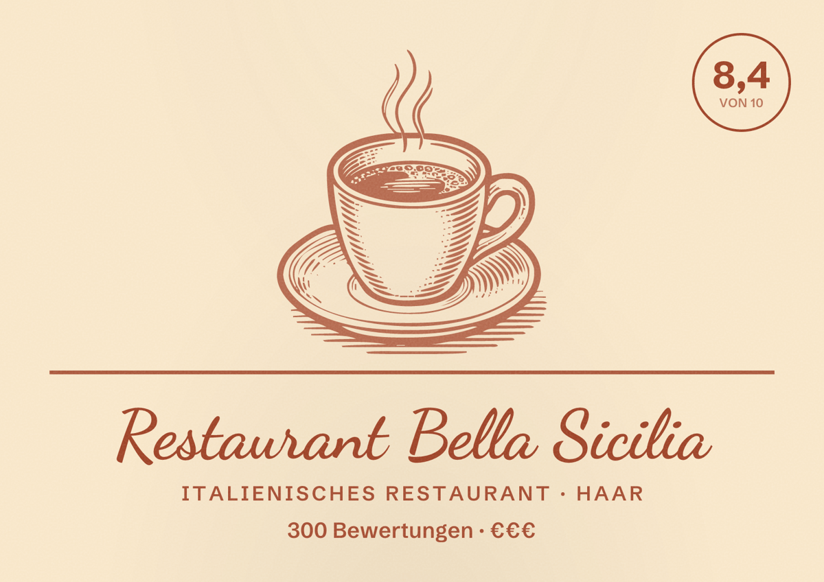 Illustriertes Poster von Restaurant Bella Sicilia, Italienisches Restaurant in Haar: Bewertung 8,4 von 10 aus 300 Bewertungen, Preisniveau €€€
