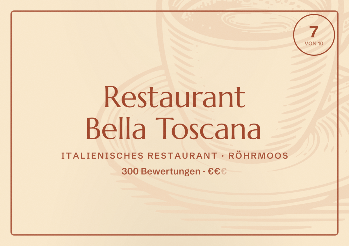 Illustriertes Poster von Restaurant Bella Toscana, Italienisches Restaurant in Röhrmoos: Bewertung 7 von 10 aus 300 Bewertungen, Preisniveau €€