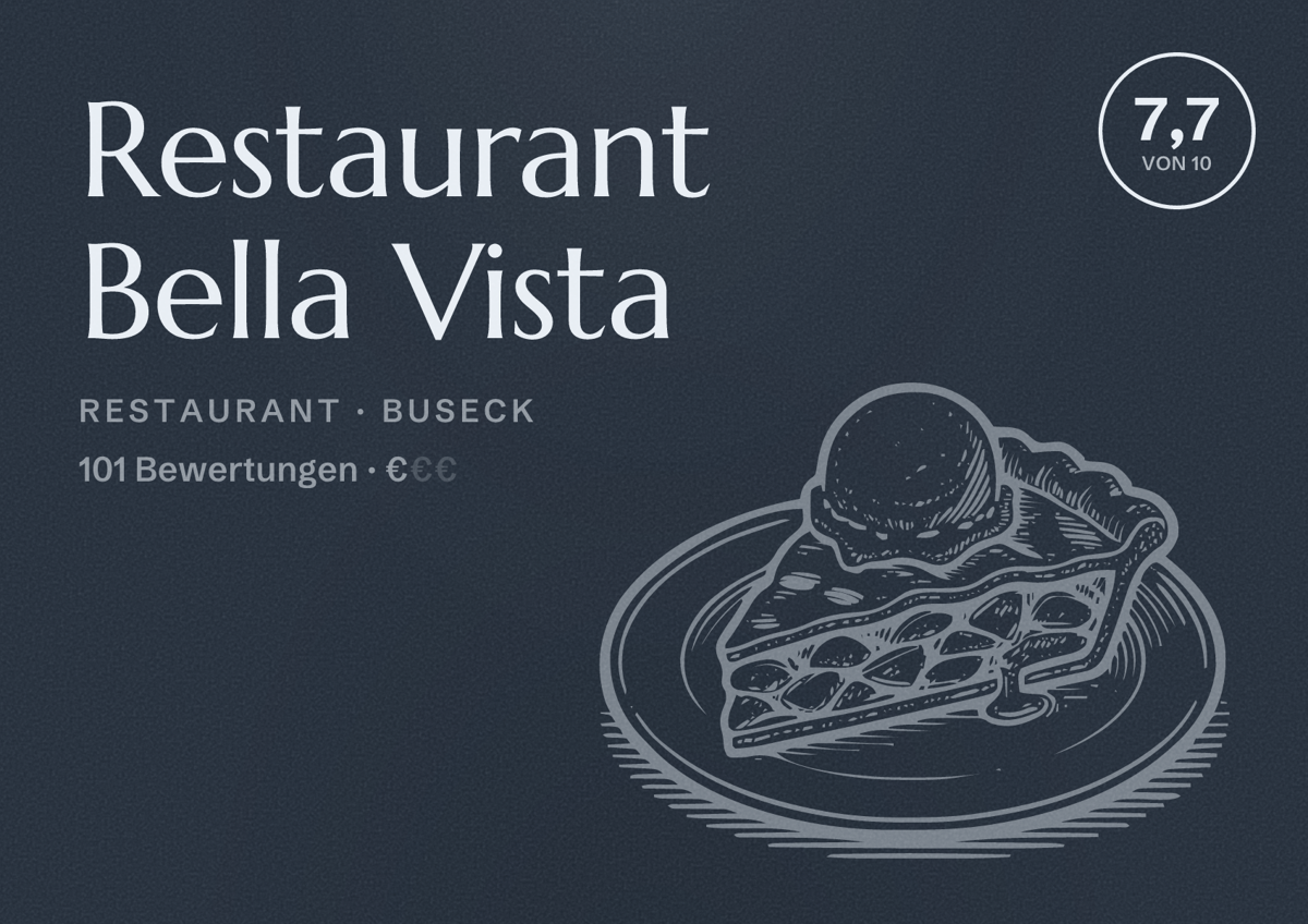 Illustriertes Poster von Restaurant Bella Vista, Restaurant in Buseck: Bewertung 7,7 von 10 aus 101 Bewertungen, Preisniveau €