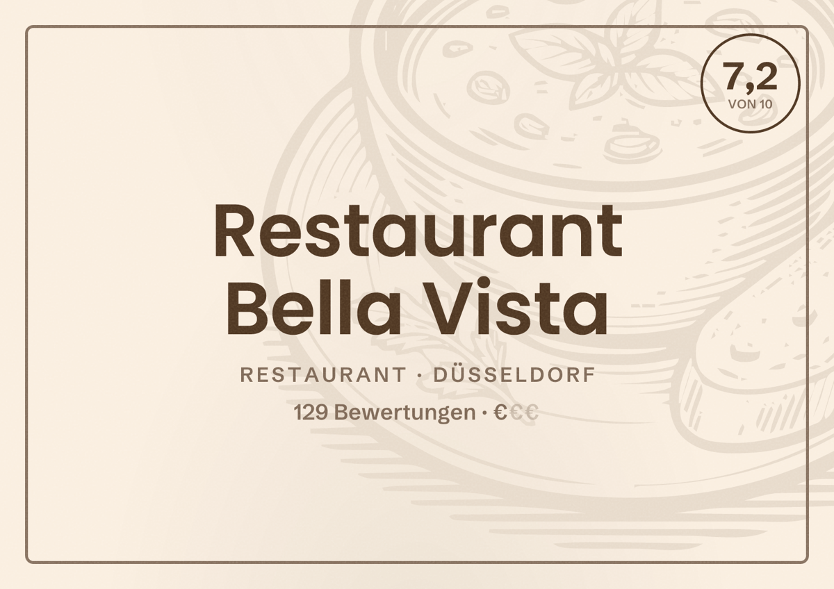 Illustriertes Poster von Restaurant Bella Vista, Restaurant in Düsseldorf: Bewertung 7,2 von 10 aus 129 Bewertungen, Preisniveau €