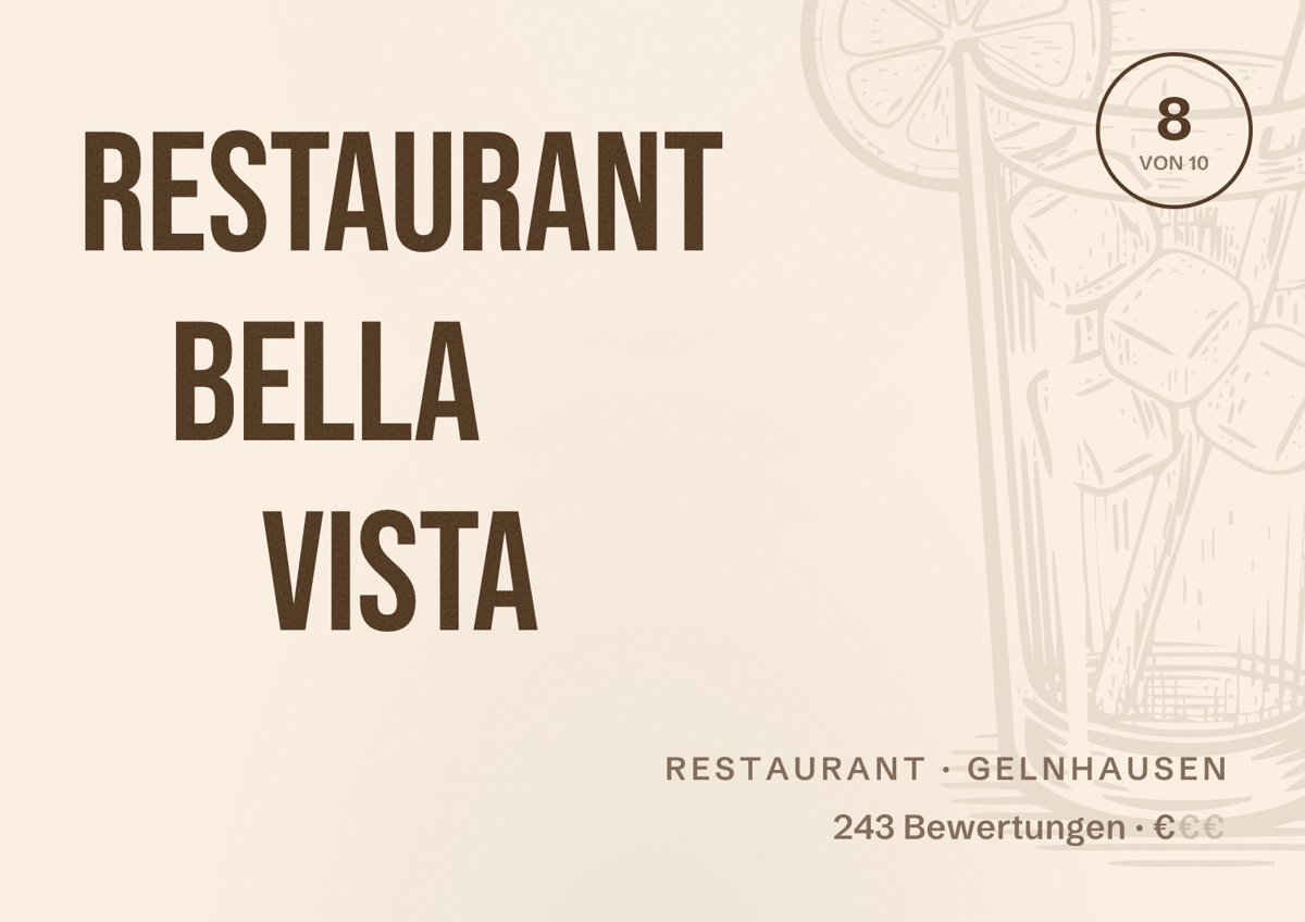 Illustriertes Poster von Restaurant Bella Vista, Restaurant in Gelnhausen: Bewertung 8 von 10 aus 243 Bewertungen, Preisniveau €